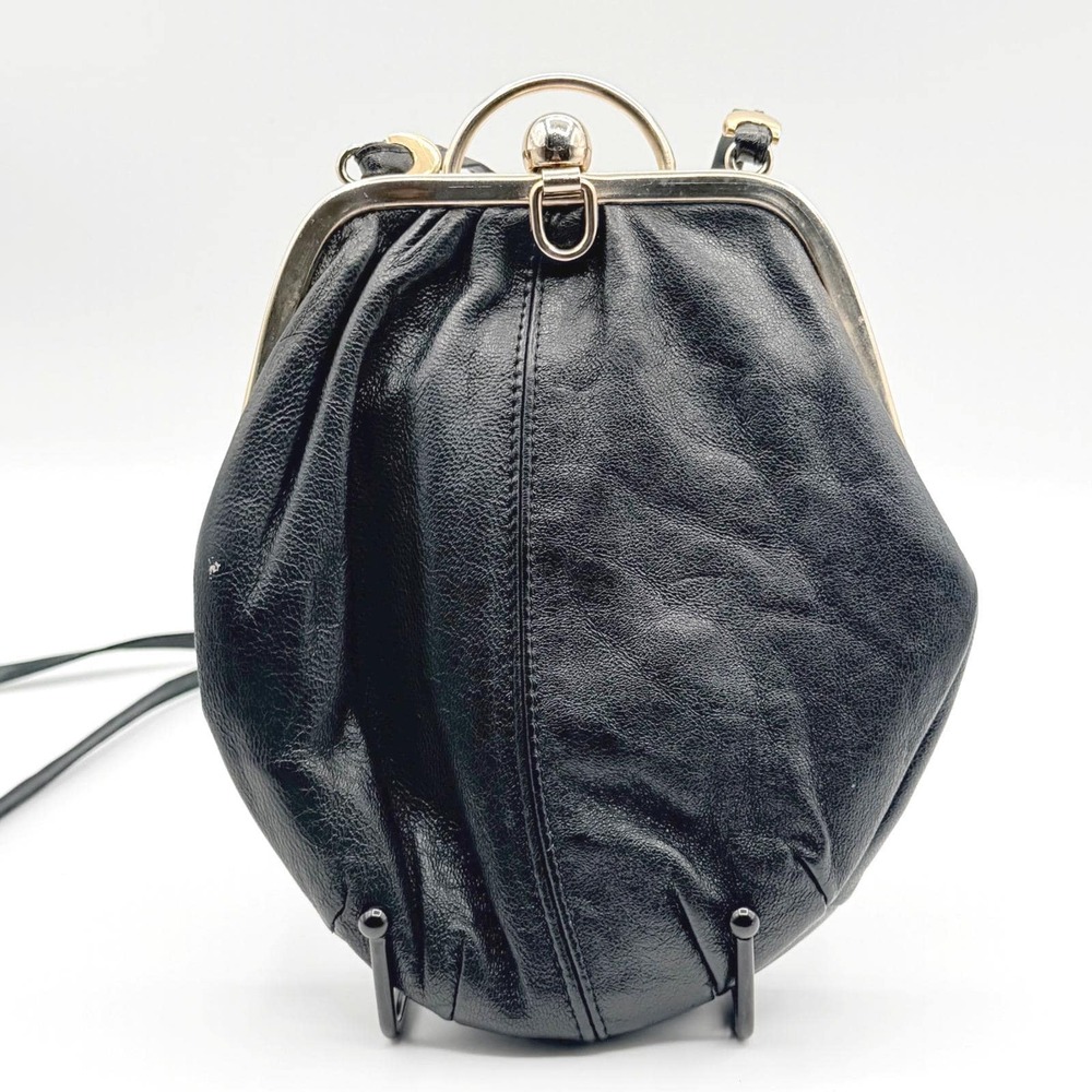 Vintage Italian Black Leather Kiss Lock Frame Crossbody Bag Dark Academia